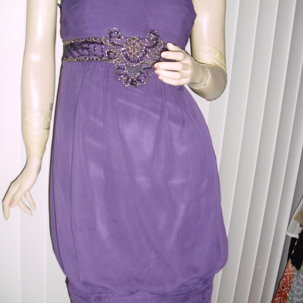 Purple,Lavender,cocktail dress,pleated,beaded, banded hemline,unique